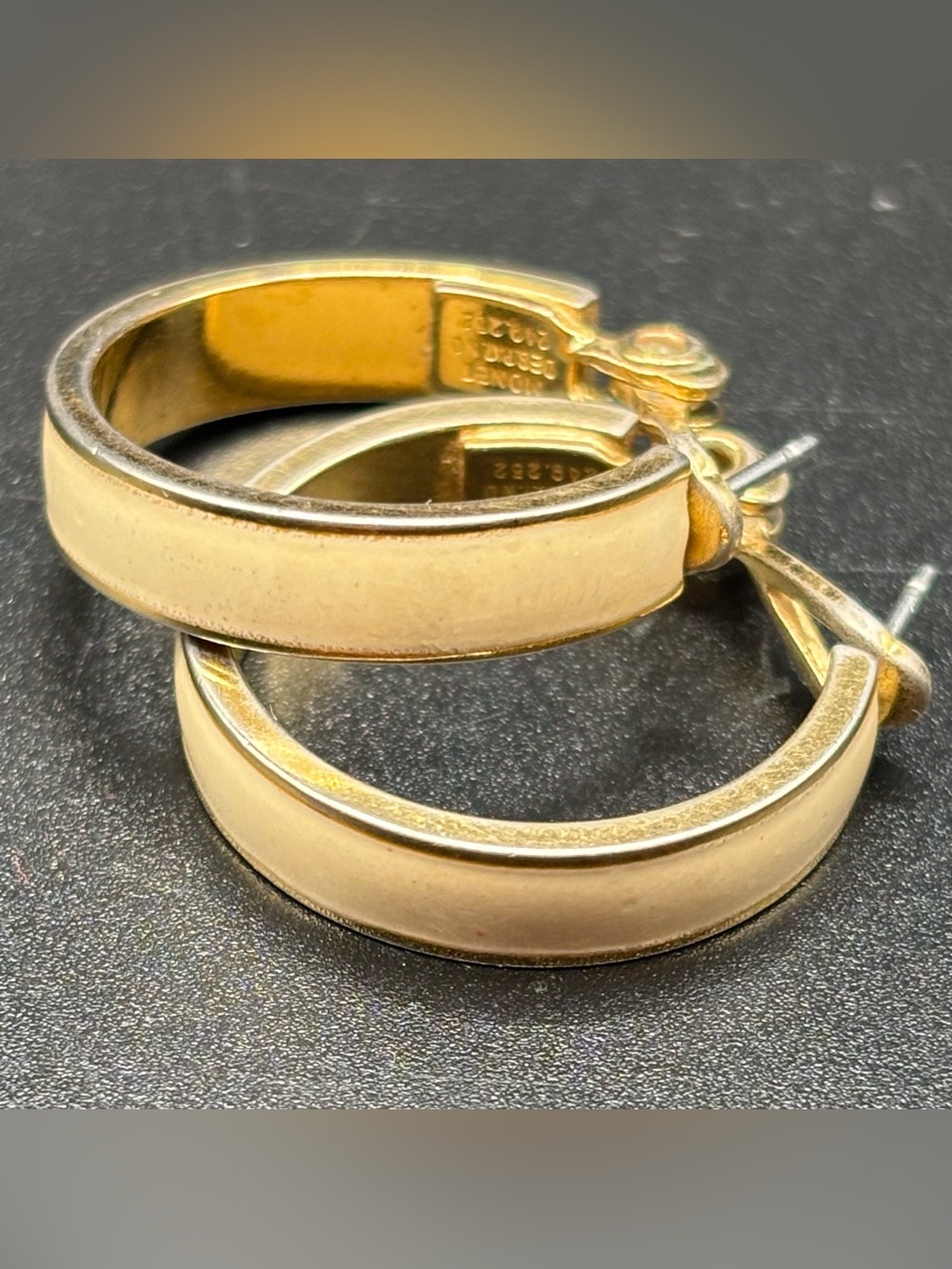 Vintage Monet Gold Tone Cream Enamel Hoop Huggie Pierced Earrings